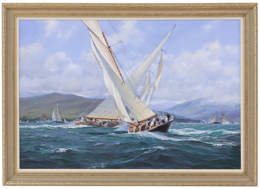 David Brackman (1932-2007) 'Britannia Racing in the Clyde' signed and dated 'DAVID BRACKMAN 02' l.l., oil on canvas 76 x 111.5cm (£7,000 - 9,000)